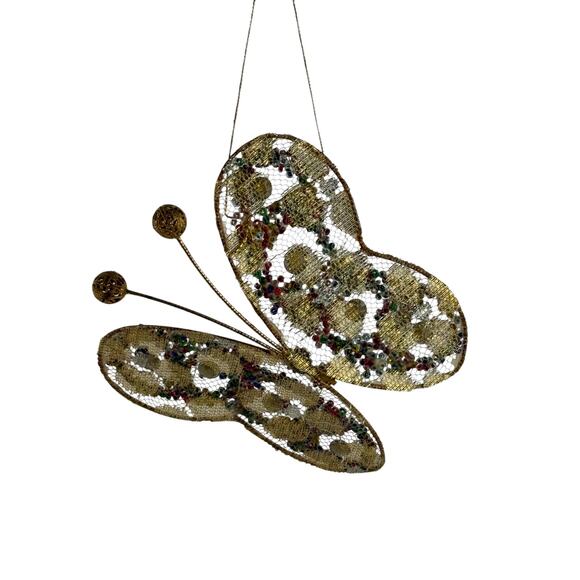Vintage Gold Beaded Butterfly Christmas Ornament Mesh Hanging - Picture 10 of 15